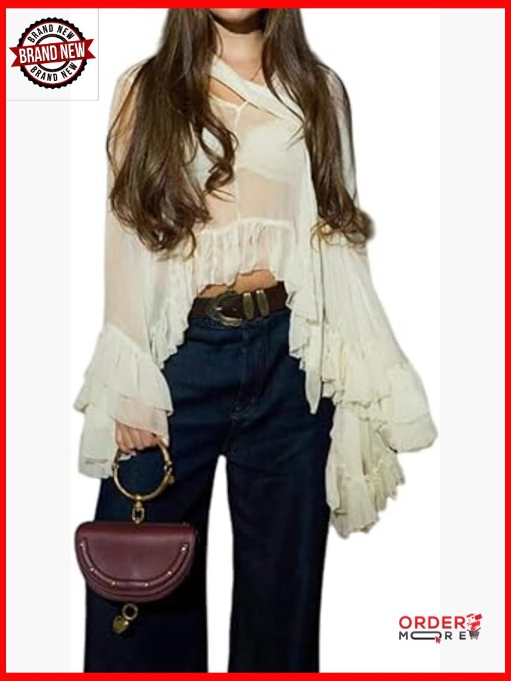 Long Sleeve Sheer Blouse Halter Neck Ruffled Top Casual Women Outerwear